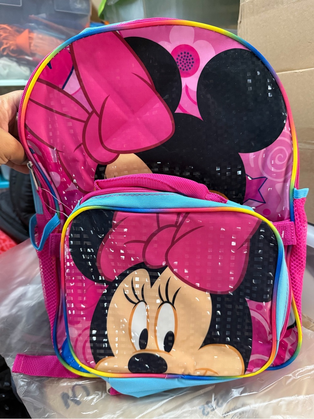Disney Pink Minnie Mouse Kids Backpack with Blue and Yellow Trim